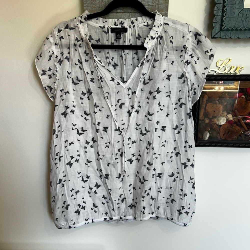 White and Navy Patterned Women's Top